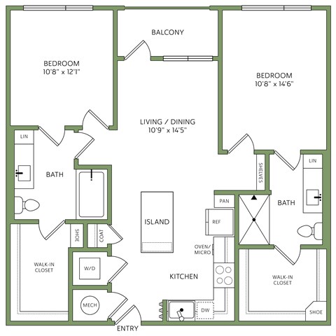 Floor plan for 2 beds, 2 baths, 974 sqft